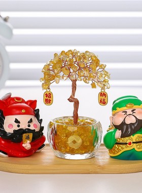 国潮天然水晶发财树福喜财神摆件