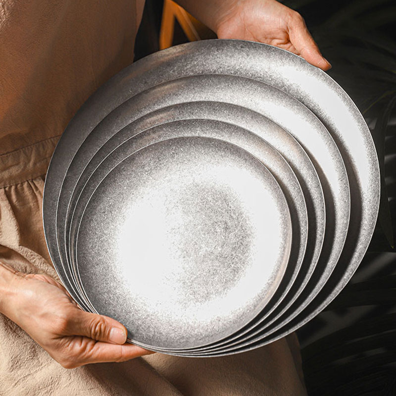 复古不锈钢餐盘甜品托盘点心圆盘浅盘牛排西餐餐盘户外零食高级感 - 图1