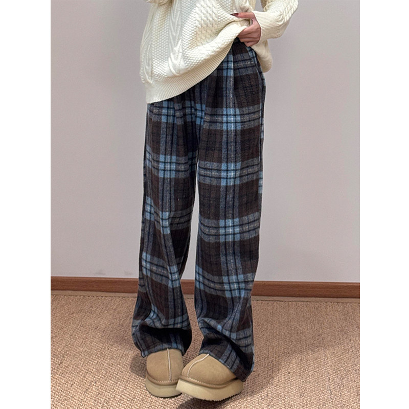 300斤美式复古格子阔腿裤女秋冬加绒慵懒松弛感毛呢显瘦休闲裤子,淘宝优惠券,粉丝福利购,淘宝优惠卷