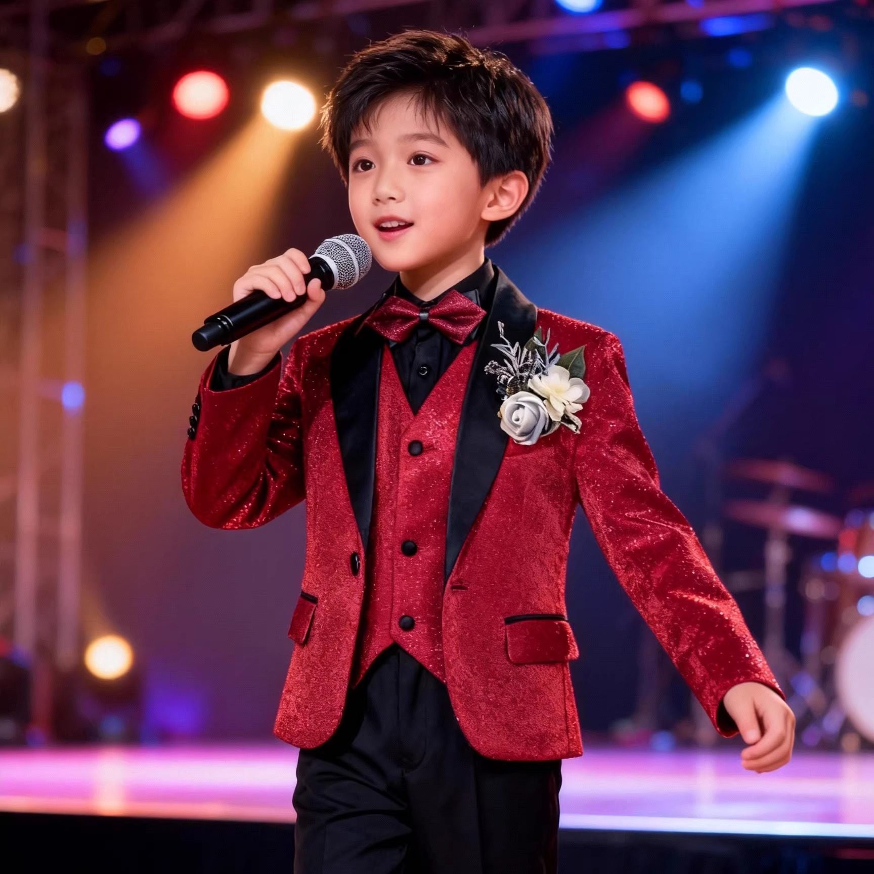 红色儿童西装套装钢琴演奏演出服男童走秀亮片花童舞台主持人礼服,淘宝优惠券,粉丝福利购,淘宝优惠卷