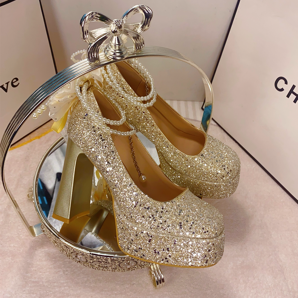 韩版亮片婚鞋女超闪防水台粗跟水晶鞋珍珠链蝴蝶结方头厚底高跟鞋,淘宝优惠券,粉丝福利购,淘宝优惠卷