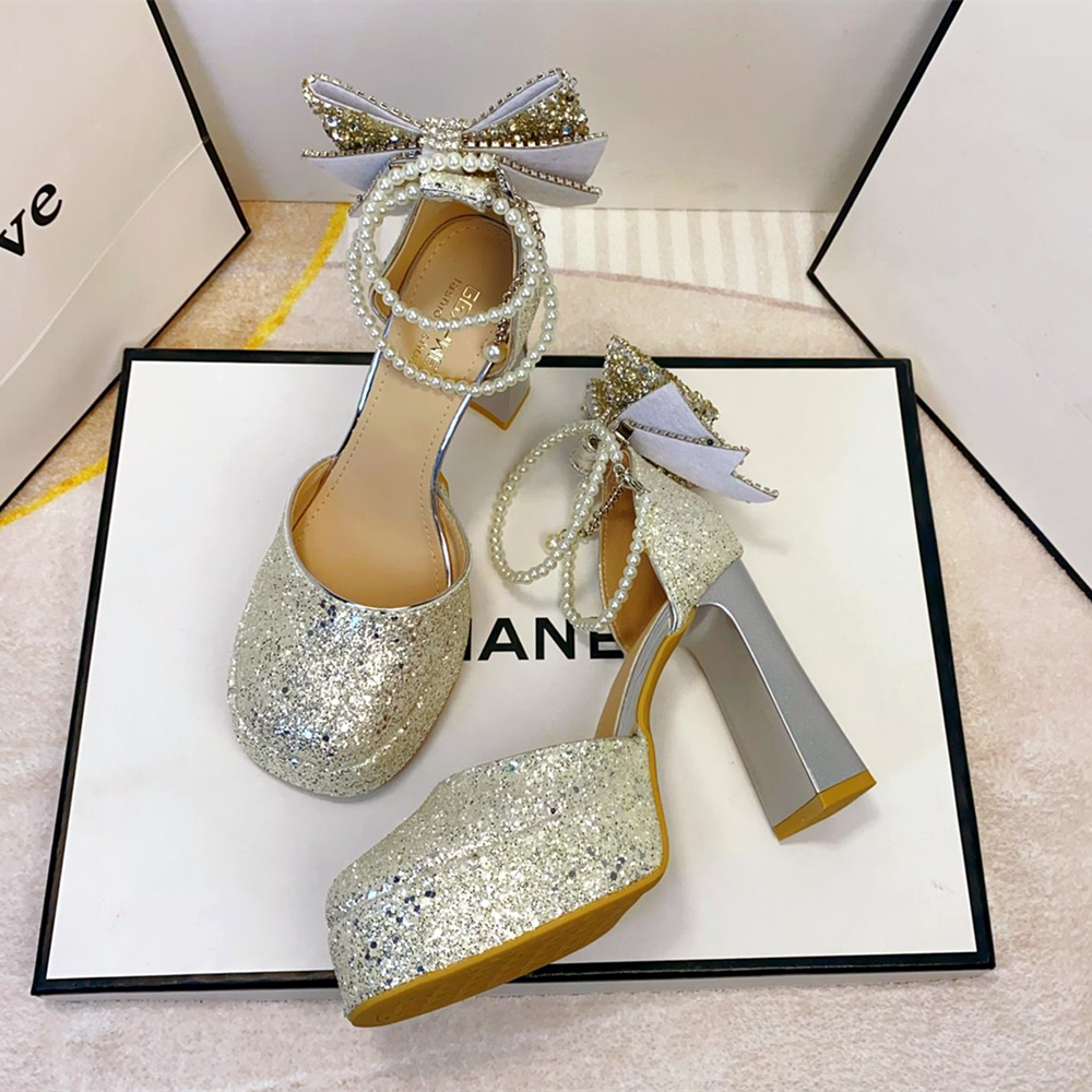 法式亮片珍珠玛丽珍鞋女粗跟高跟鞋防水台一字带新娘婚鞋闪亮单鞋,淘宝优惠券,粉丝福利购,淘宝优惠卷