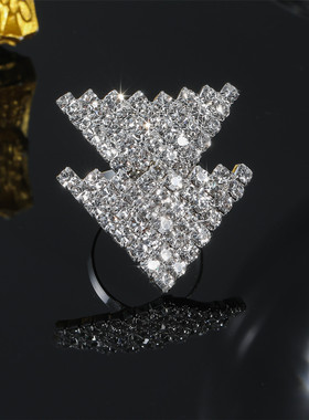 欧美热卖几何三角水钻戒指 气质闪亮满钻开口可调节戒指环手饰品