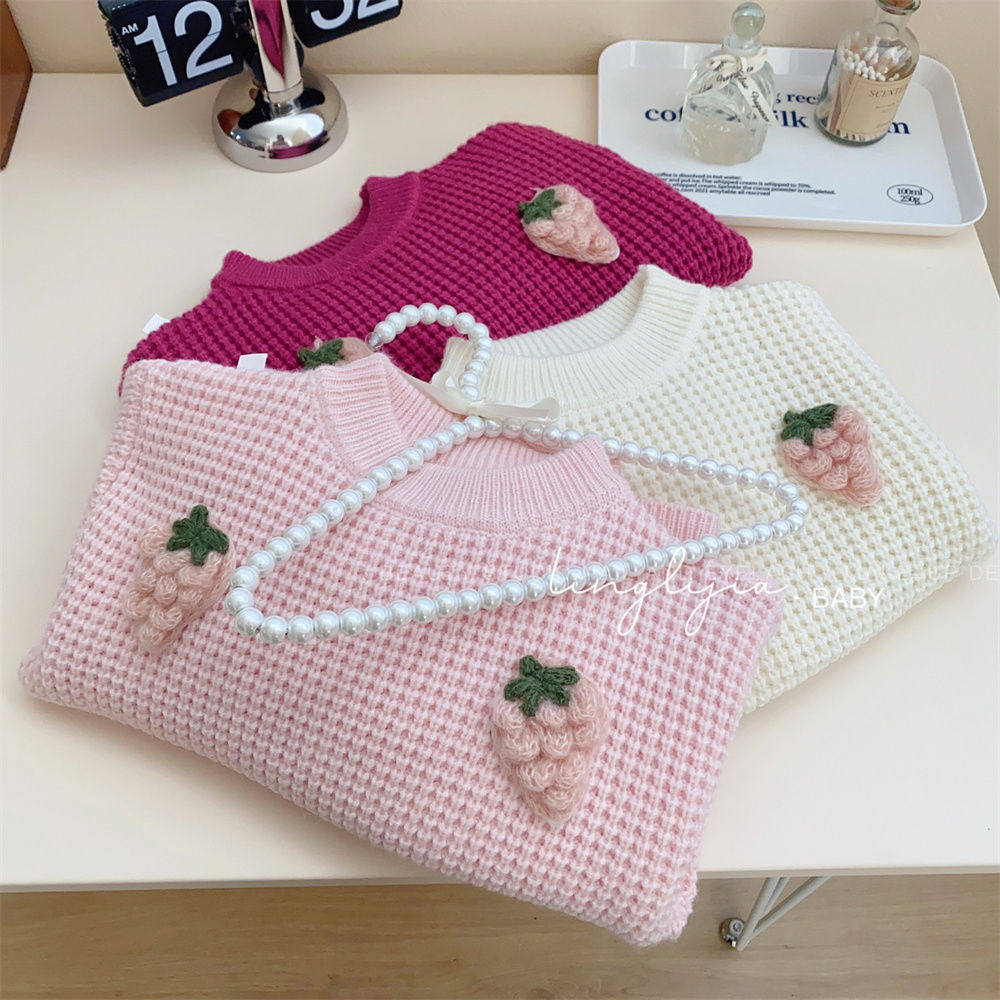 中小童女童新品套头中厚圆领毛衣2025手工草莓装饰韩版洋气针织衫,淘宝优惠券,粉丝福利购,淘宝优惠卷