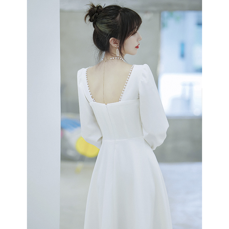 白色小晚礼服裙女2024新款冬季轻奢小众高端宴会气质平时可穿长袖 - 图3
