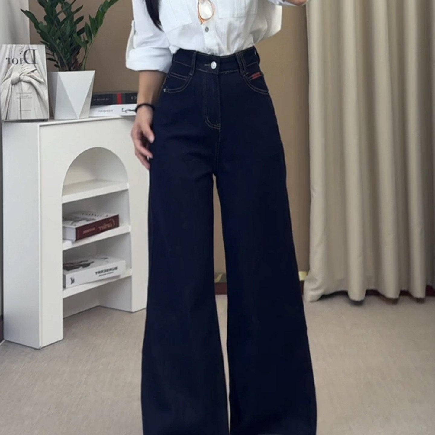 丹宁蓝复古高腰阔腿牛仔裤女2025春秋新款百搭宽松显瘦垂感喇叭裤,淘宝优惠券,粉丝福利购,淘宝优惠卷