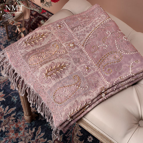 印度羊毛围巾女显白干枯玫瑰色披肩秋冬季刺绣钉珠办公室保暖披巾 - 图1