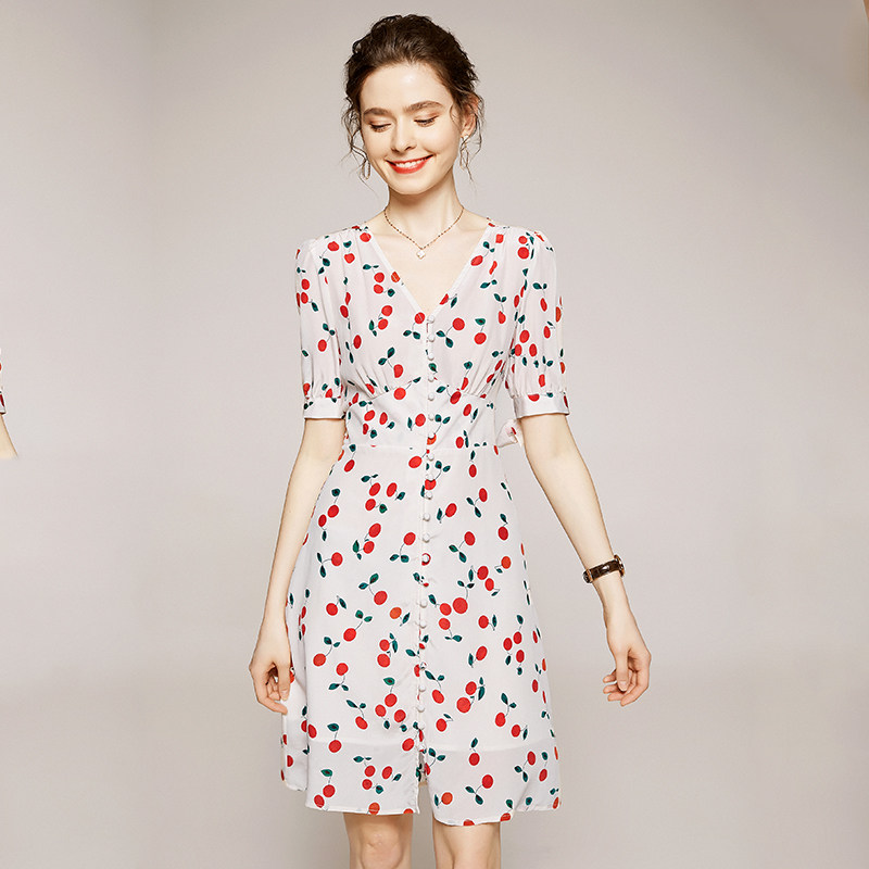 纤缤2020夏季新款淑女风v领连衣裙 纤缤连衣裙
