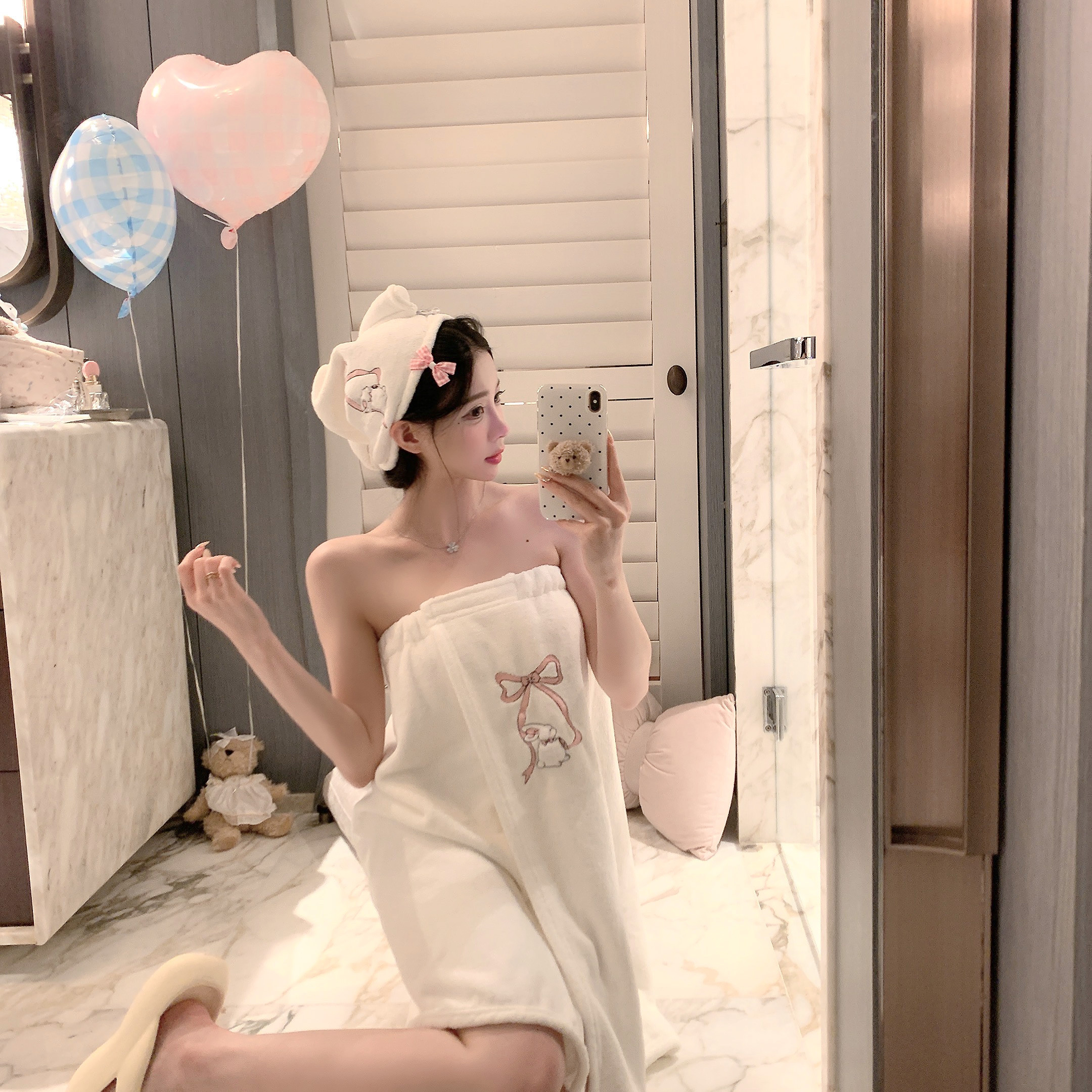 捞捞酱「小兔泡泡浴」珊瑚绒吸水浴裙浴巾可爱魔术贴可裹速干少女,淘宝优惠券,粉丝福利购,淘宝优惠卷