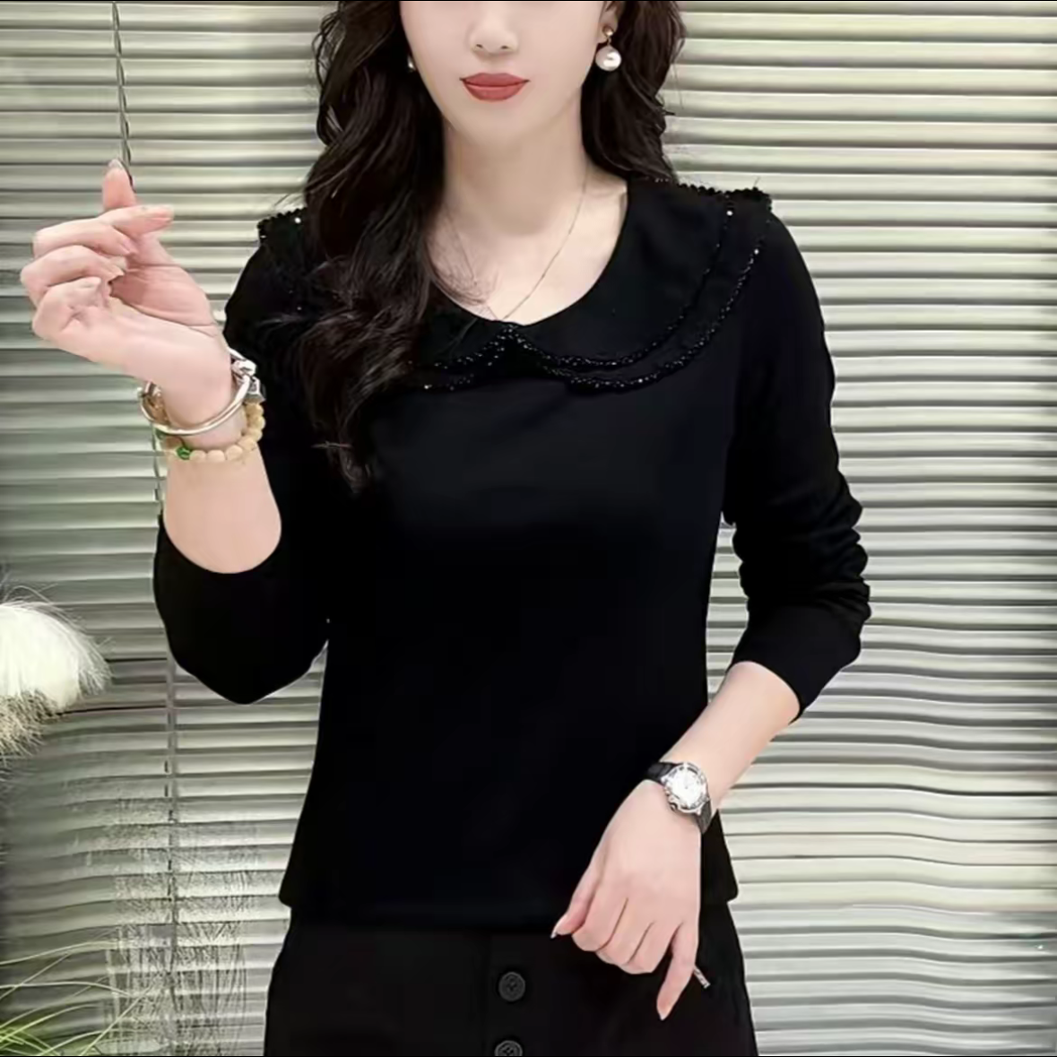 秋季新款时尚洋气长袖显瘦减龄设计感娃娃领纯色百搭打底衫上衣女,淘宝优惠券,粉丝福利购,淘宝优惠卷