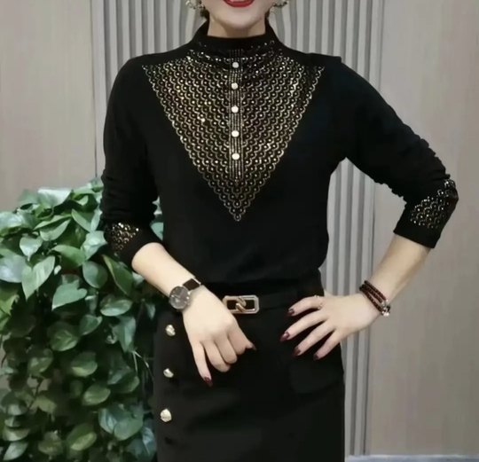 New autumn and winter shirt for women pure black lapel iron diamond slim fit and fashionable long-sleeved top for women fashionable mother suit