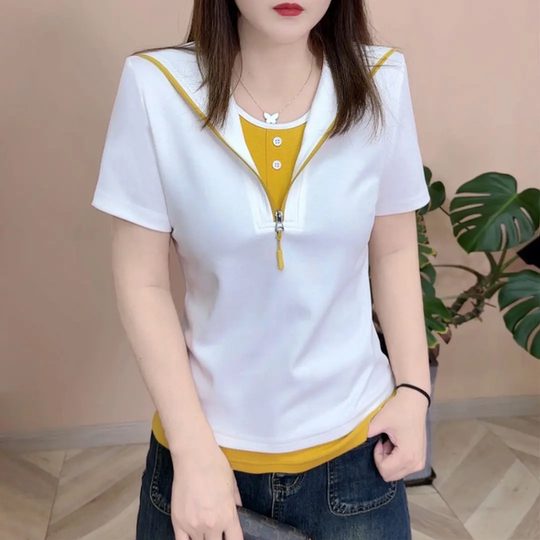New summer fake two-piece short-sleeved navy collar spliced ​​fashionable pullover design solid color half-zipper casual top