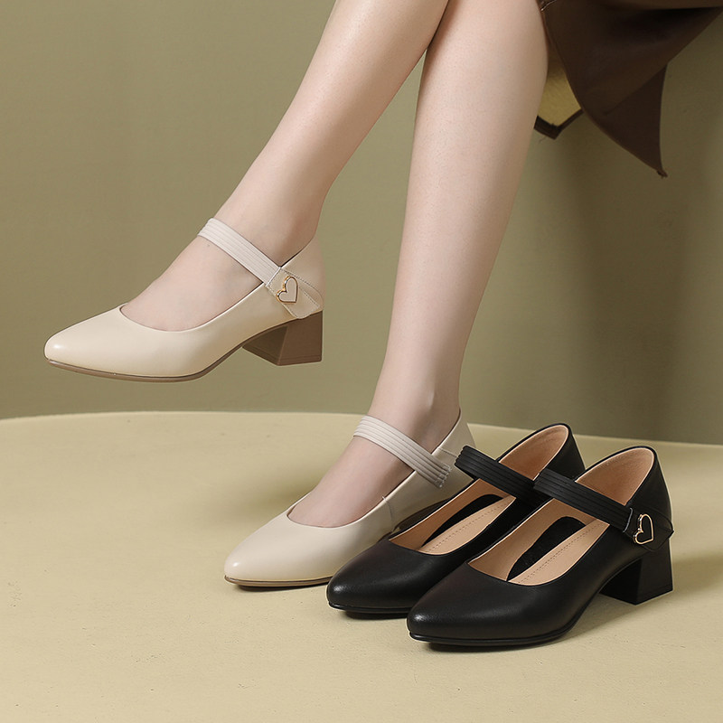 真皮尖头玛丽珍鞋女2025秋季新款时尚浅口单鞋女粗跟软底百搭皮鞋,淘宝优惠券,粉丝福利购,淘宝优惠卷