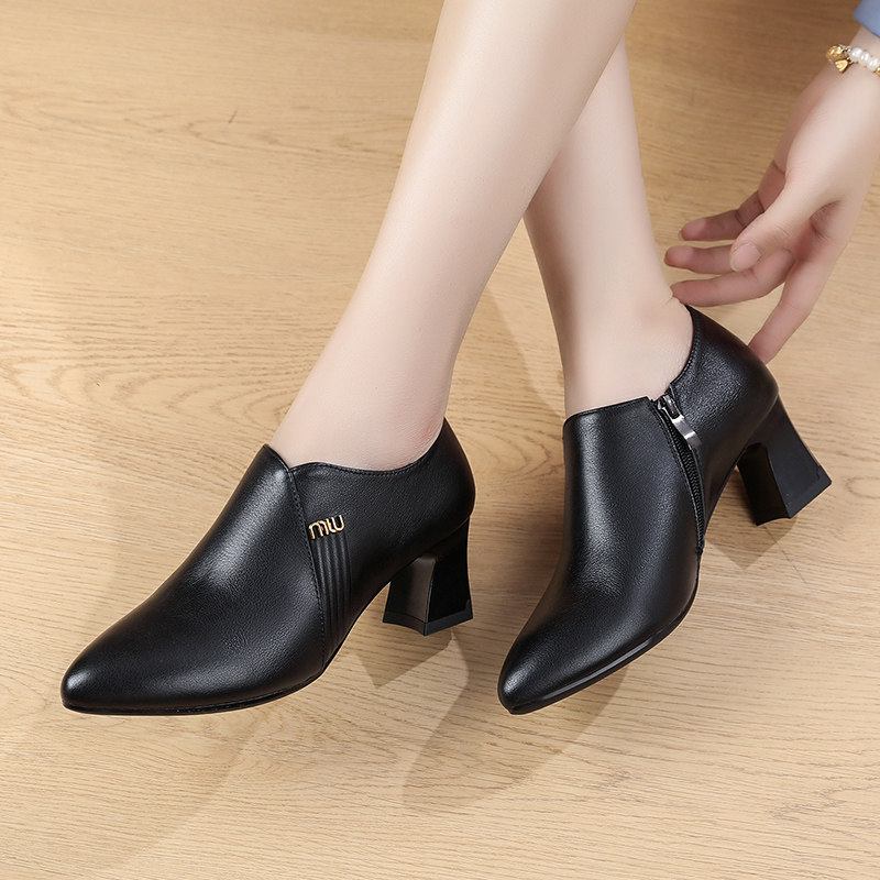 真皮尖头高跟鞋2025秋季新款粗跟时尚深口单鞋女士百搭中跟妈妈鞋,淘宝优惠券,粉丝福利购,淘宝优惠卷