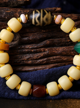藏式骨头手串老玛瑙双虎牙天珠男