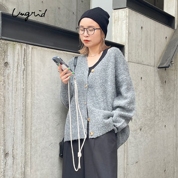 Ungrid ແບບລຽບງ່າຍຂອງຍີ່ປຸ່ນດູໃບໄມ້ລົ່ນແລະລະດູຫນາວສີແຂງຄໍ V ປະສົມ cashmere knitted cardigan pullover