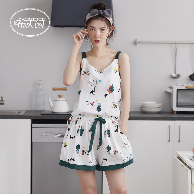 女士两件套装纯棉带无袖性感睡衣 希芙诗睡衣/家居服套装