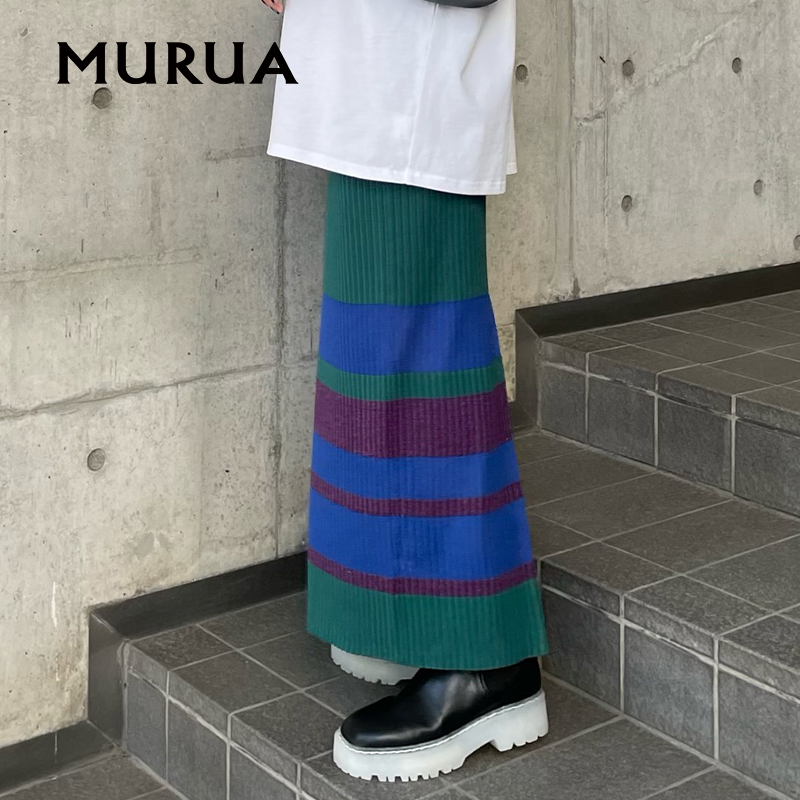 MURUA日系半身裙2023秋季新款慵懒坠感做旧风复古撞色针织半身裙 - 图2