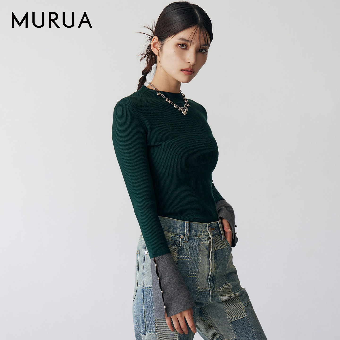 MURUA25秋季新品修身拼接袖口喇叭袖小高领毛针织衫女0125526060 - 图2