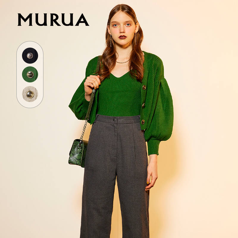MURUA日系新款百搭吊带泡泡袖针织两件套休闲性感女 - 图0