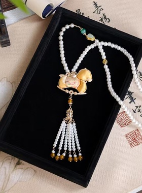 新中式串珠珍珠国风宋锦挂件长款毛衣链古风项链汉服配饰马上有钱