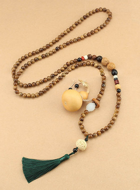 新中式国风绿檀木佛珠男女串珠项链斜挎链葫芦风长款唐装配饰百搭