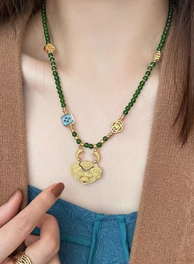 新中式国风绿色玻璃串珠圆珠佛珠平安锁项链长款女古风毛衣链配饰