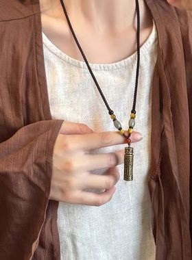 泊尔檀木质吊坠项链女款秋冬新中式复古长款毛衣链串珠挂绳件配饰