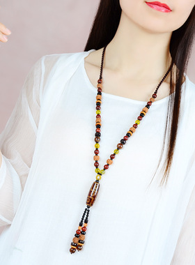 新中式国风复古民族毛衣链虎眼项链女配饰串珠旗袍简约挂件绳旗袍