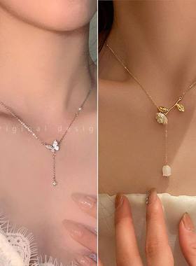 山茶花满钻蝴蝶珍珠项链女