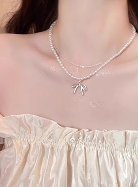 小米珍珠蝴蝶结项链双层叠戴