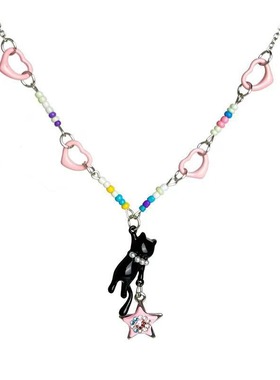 QC黑猫粉色星星串珠项链