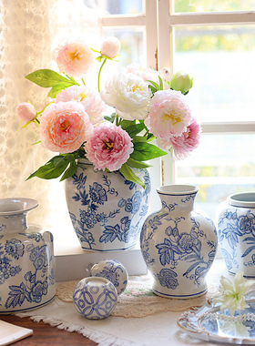 新中式青花瓷花瓶摆件将军罐装饰