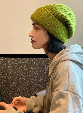 日系毛线堆堆帽子女秋冬季百搭韩版针织帽保暖护耳大头宽松帽