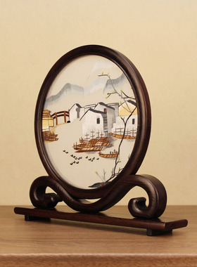 新中式苏绣双面绣实木桌面摆件