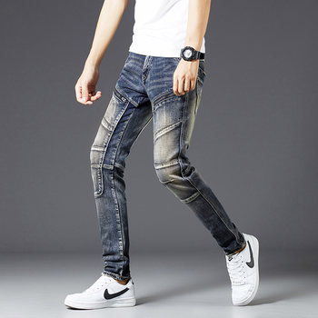 Spring and Autumn Retro Spliced ​​Motorcycle Jeans Men's Trendy Brand Personalized Zipper Slim Straight Long Pants Stretch European and American Style