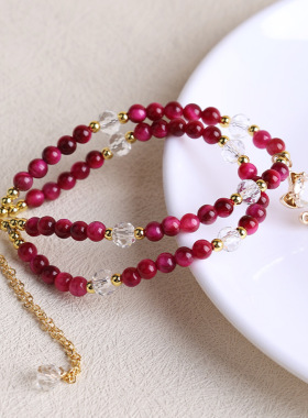 天然染色红虎眼石双层手串设计款猫可调节手围玫红色木变石闺蜜款