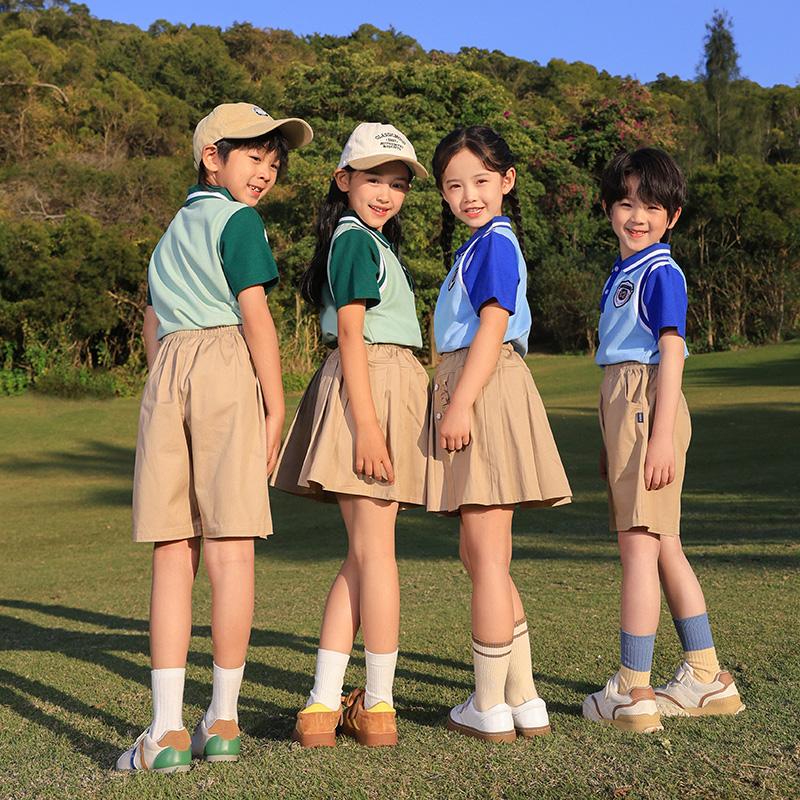 学院风绿色校服套装中小学生夏装新款男女儿童年级班服棉幼儿园服