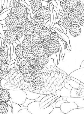 花鸟白描底稿国画锦鲤荔枝工笔画