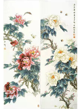 国画花鸟白描底稿四条牡丹