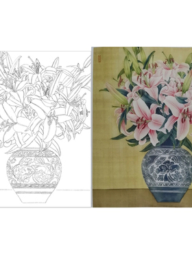 有步骤国画白描底稿花瓶百合