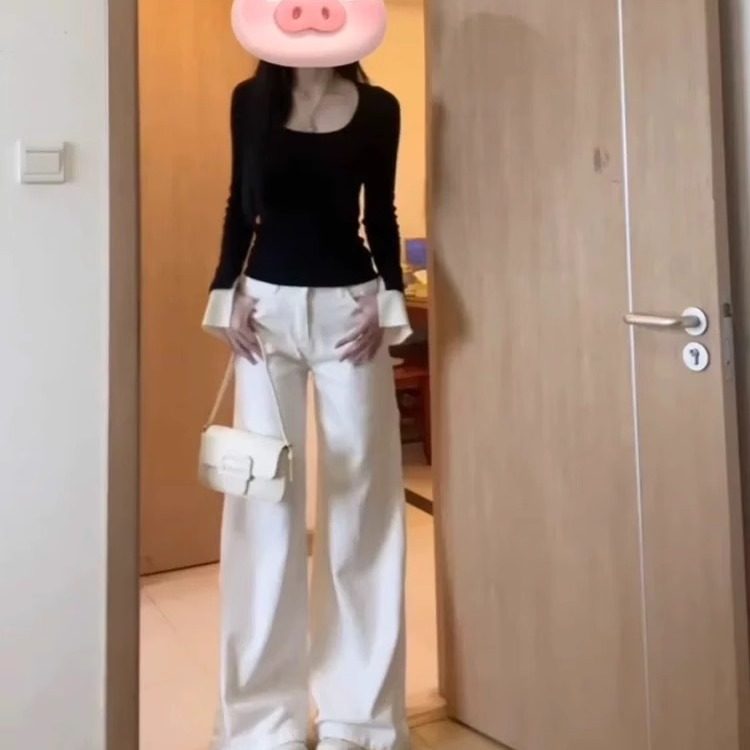 法式撞色针织U领长袖T恤女秋季新款紧身内搭打底衫开叉喇叭袖上衣,淘宝优惠券,粉丝福利购,淘宝优惠卷