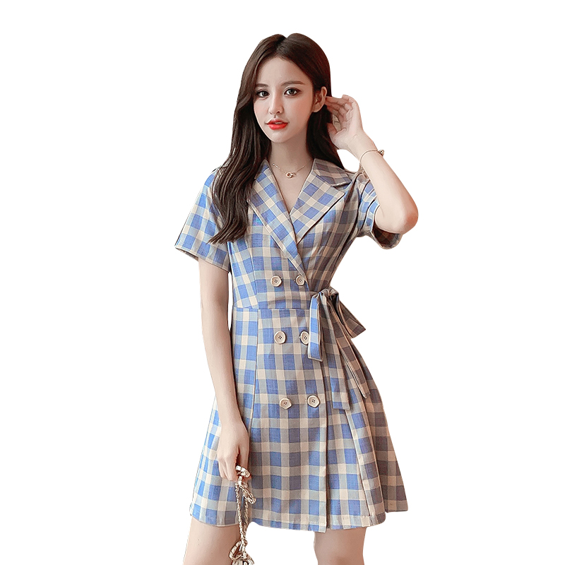 必彩服饰旗舰店夏季新款复古心机裙子法式桔梗显瘦格子气质小个子短袖连衣裙3