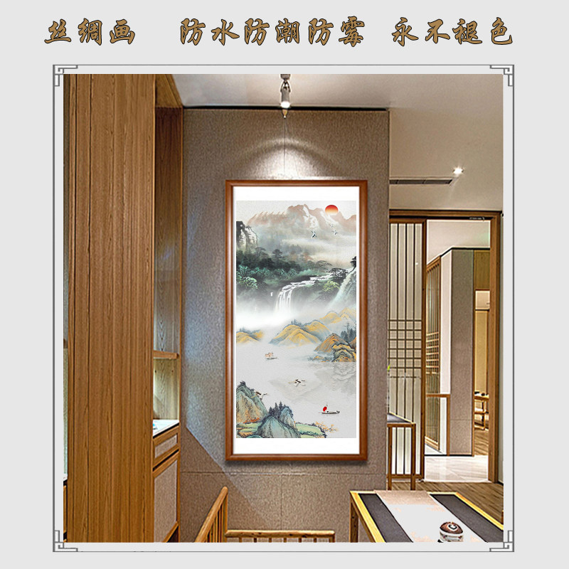 办公室竖版靠山旭日东升山水画挂画客厅沙发背景聚宝盆卷轴装饰画_虎窝淘