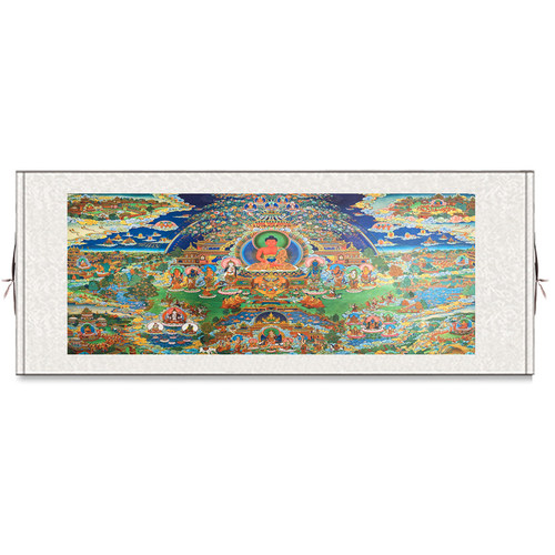高清极乐世界图画像挂画西方三圣菩萨唐卡横版佛堂供奉佛像卷轴画 - 图3
