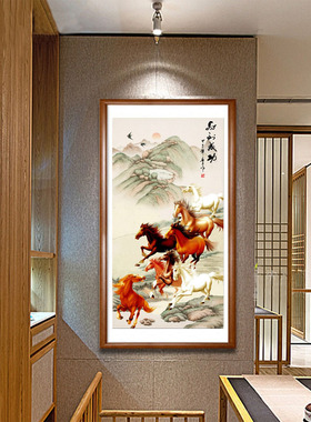 入户玄关竖版国画万马奔腾八骏图