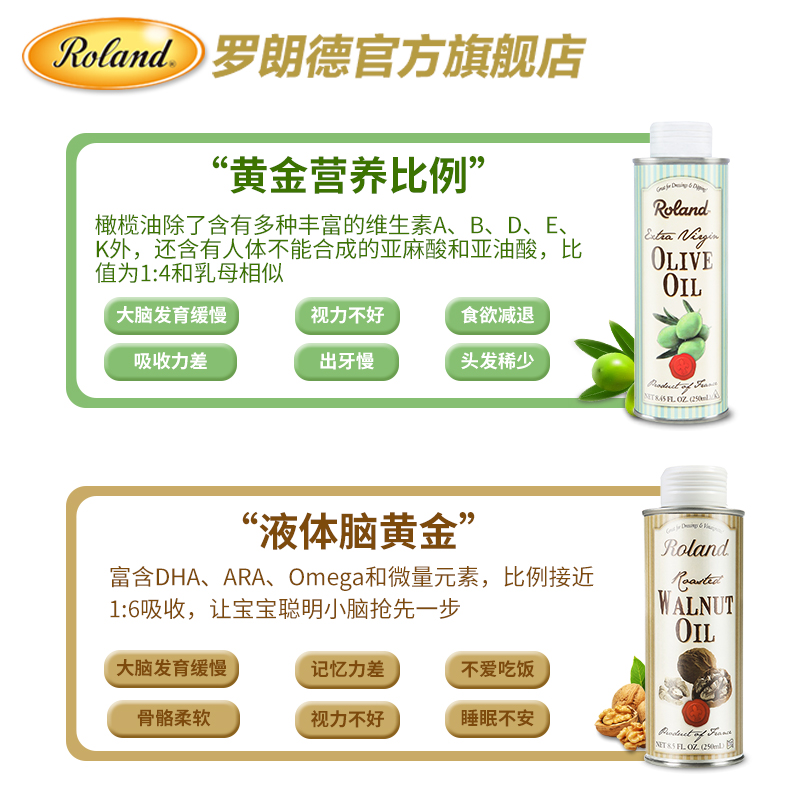 roland食品旗舰店法国进口罗朗德宝宝初榨核桃油+橄榄油组合婴幼儿dha脑黄金营养1