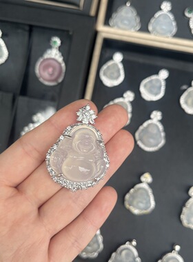 玉髓佛公吊坠白月光玉佛带证书白冰玛瑙玉髓925银镶嵌高冰项链女