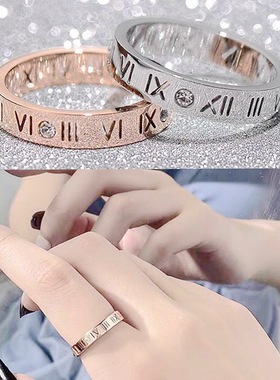 高级感ing潮钛钢情侣戒指女罗马数字镶锆石戒指男韩版流行饰品