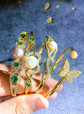 轻奢女珍珠微镶锆石开口手镯